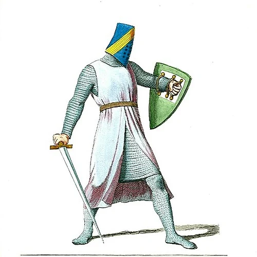 drawing of a medieval knight in armor.