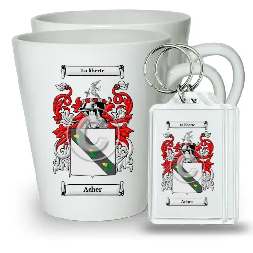 Acher Pair of Latte Mugs and Pair of Keychains