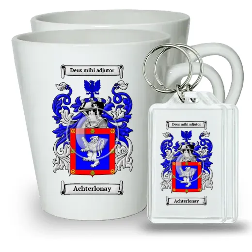 Achterlonay Pair of Latte Mugs and Pair of Keychains