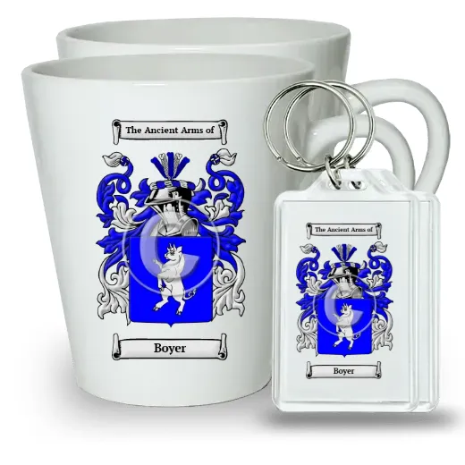 Boyer Pair of Latte Mugs and Pair of Keychains
