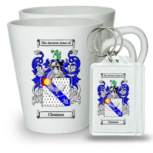 Choman Pair of Latte Mugs and Pair of Keychains