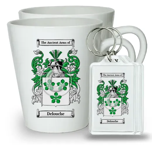 Delouche Pair of Latte Mugs and Pair of Keychains