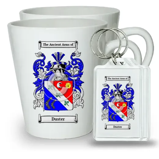 Duster Pair of Latte Mugs and Pair of Keychains