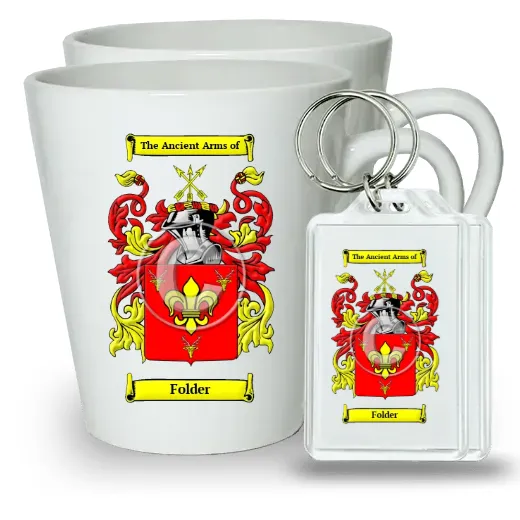 Folder Pair of Latte Mugs and Pair of Keychains