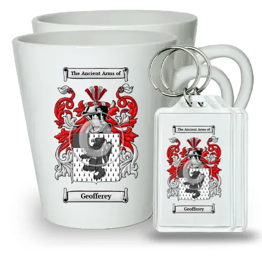 Geofferey Pair of Latte Mugs and Pair of Keychains