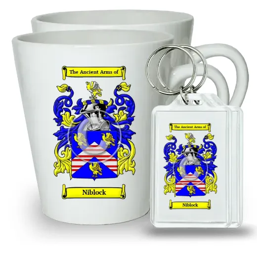 Niblock Pair of Latte Mugs and Pair of Keychains