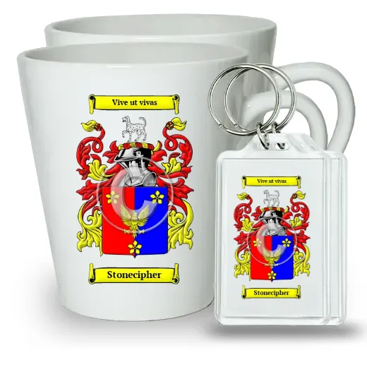 Stonecipher Pair of Latte Mugs and Pair of Keychains