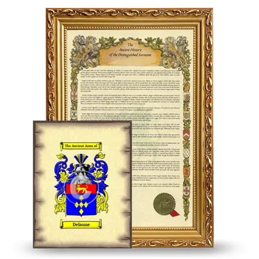 Delaune Framed History and Coat of Arms Print - Gold