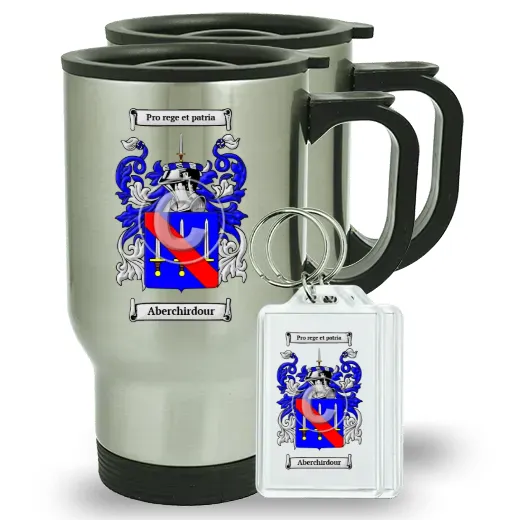 Aberchirdour Pair of Travel Mugs and pair of Keychains