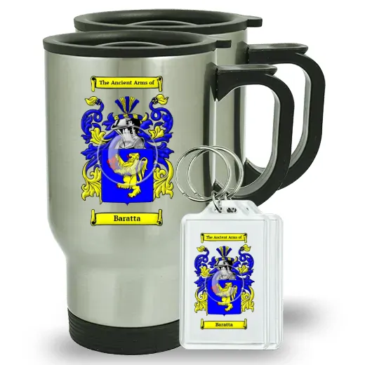 Baratta Pair of Travel Mugs and pair of Keychains