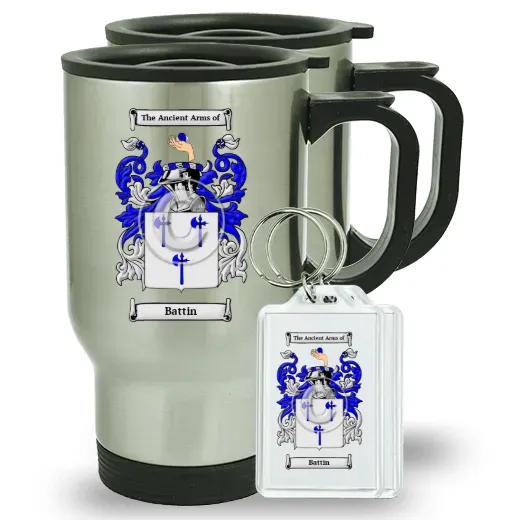 Battin Pair of Travel Mugs and pair of Keychains