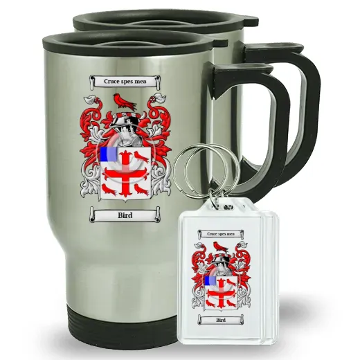 Bird Pair of Travel Mugs and pair of Keychains