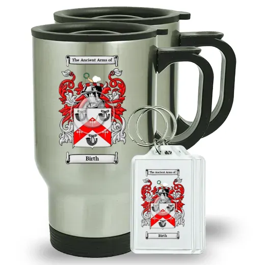 Birth Pair of Travel Mugs and pair of Keychains