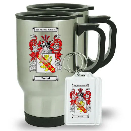 Bonini Pair of Travel Mugs and pair of Keychains
