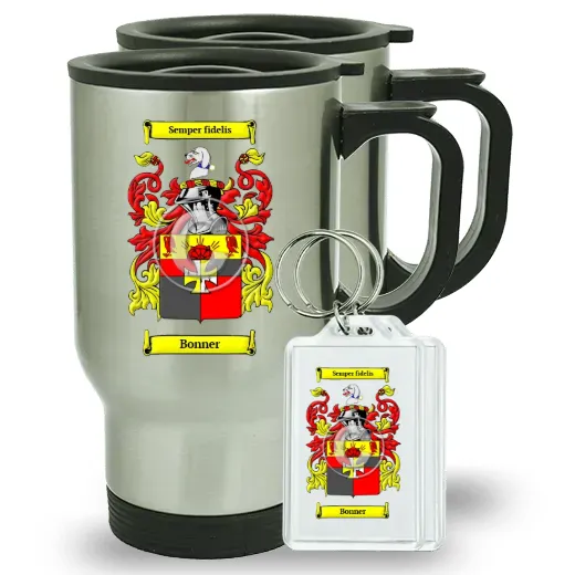 Bonner Pair of Travel Mugs and pair of Keychains
