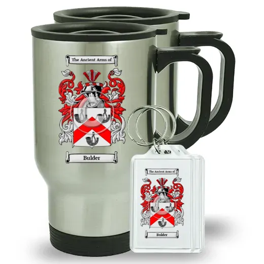 Bulder Pair of Travel Mugs and pair of Keychains