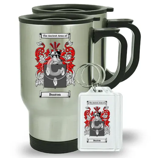Bunton Pair of Travel Mugs and pair of Keychains