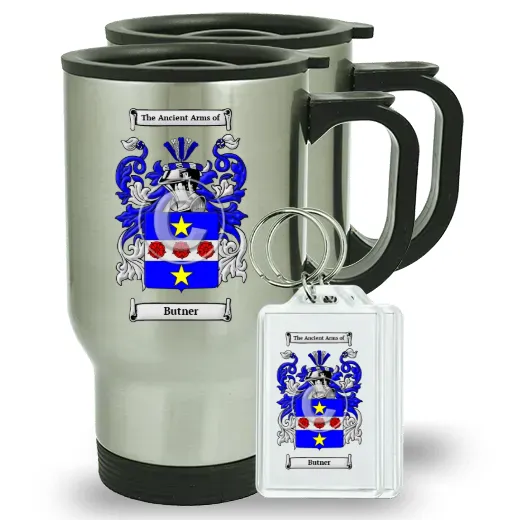 Butner Pair of Travel Mugs and pair of Keychains