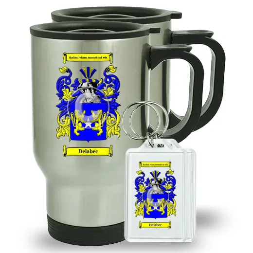 Delabec Pair of Travel Mugs and pair of Keychains