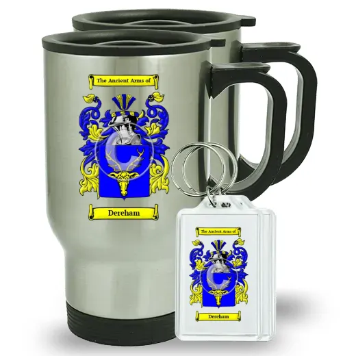Dereham Pair of Travel Mugs and pair of Keychains