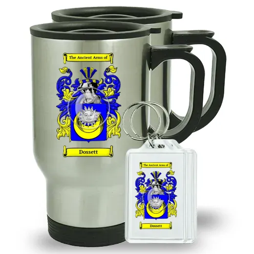 Dossett Pair of Travel Mugs and pair of Keychains