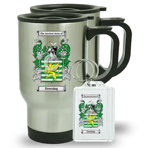 Downing Pair of Travel Mugs and pair of Keychains