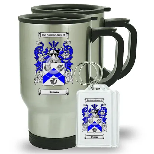 Duram Pair of Travel Mugs and pair of Keychains