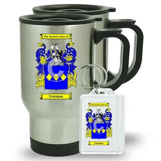 Freeman Pair of Travel Mugs and pair of Keychains