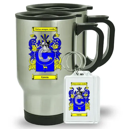 Green Pair of Travel Mugs and pair of Keychains