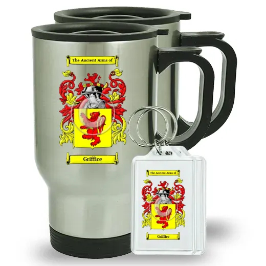 Griffice Pair of Travel Mugs and pair of Keychains