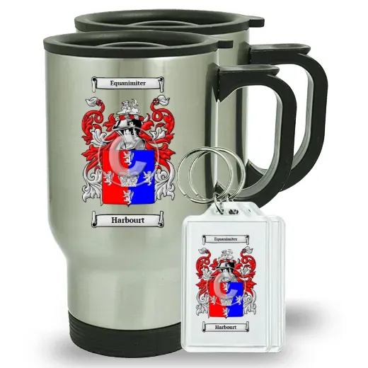 Harbourt Pair of Travel Mugs and pair of Keychains