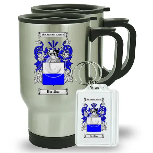 Hertling Pair of Travel Mugs and pair of Keychains