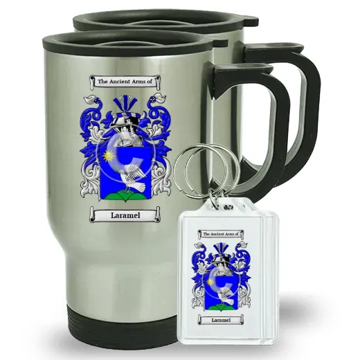 Laramel Pair of Travel Mugs and pair of Keychains