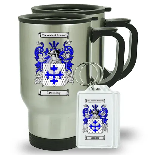Leaming Pair of Travel Mugs and pair of Keychains