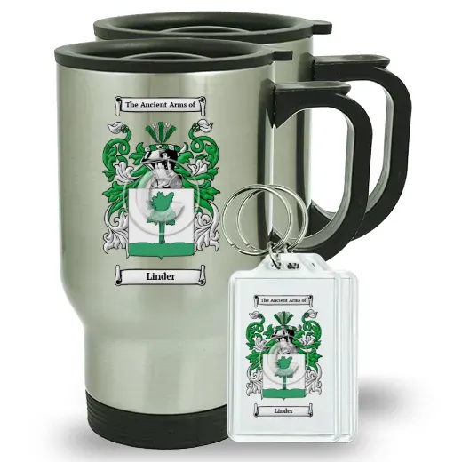 Linder Pair of Travel Mugs and pair of Keychains