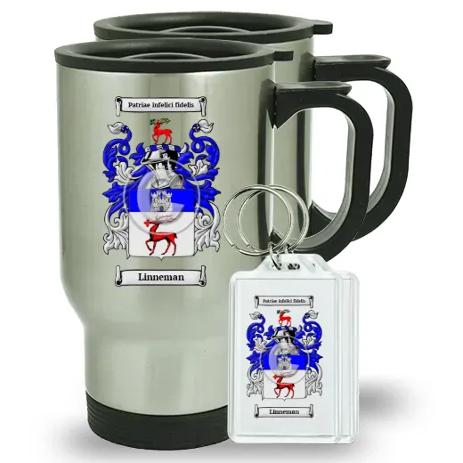 Linneman Pair of Travel Mugs and pair of Keychains