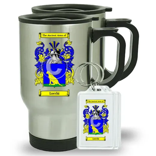 Lucchi Pair of Travel Mugs and pair of Keychains
