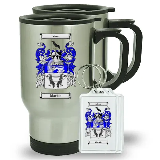 Markie Pair of Travel Mugs and pair of Keychains