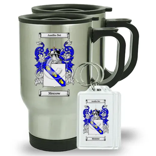 Merrow Pair of Travel Mugs and pair of Keychains