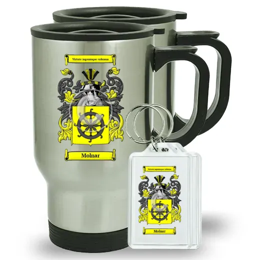 Molnar Pair of Travel Mugs and pair of Keychains