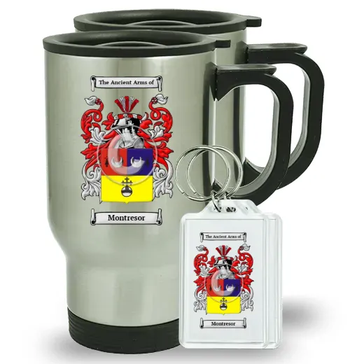 Montresor Pair of Travel Mugs and pair of Keychains