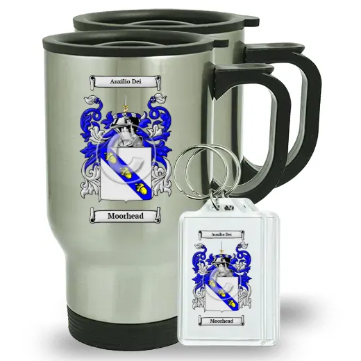 Moorhead Pair of Travel Mugs and pair of Keychains