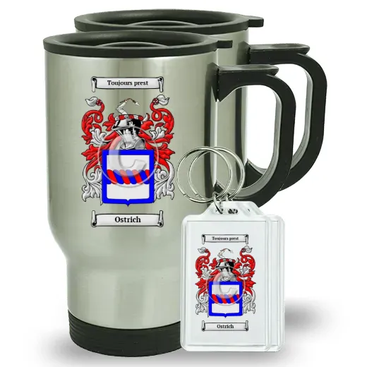 Ostrich Pair of Travel Mugs and pair of Keychains