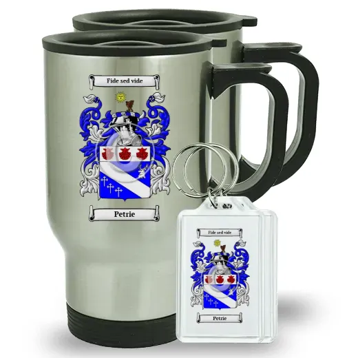 Petrie Pair of Travel Mugs and pair of Keychains