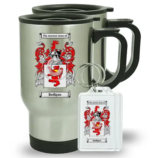 Radigan Pair of Travel Mugs and pair of Keychains