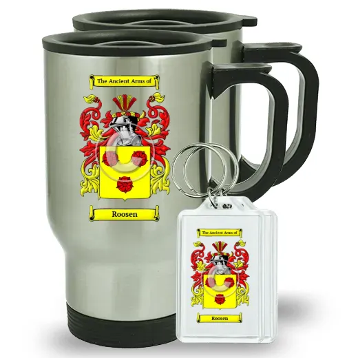 Roosen Pair of Travel Mugs and pair of Keychains