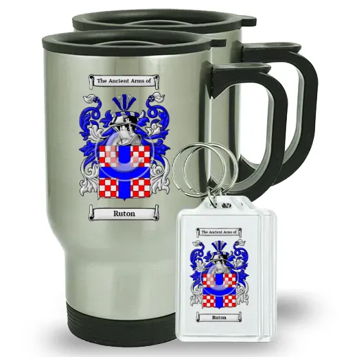 Ruton Pair of Travel Mugs and pair of Keychains
