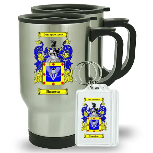 Sharpton Pair of Travel Mugs and pair of Keychains