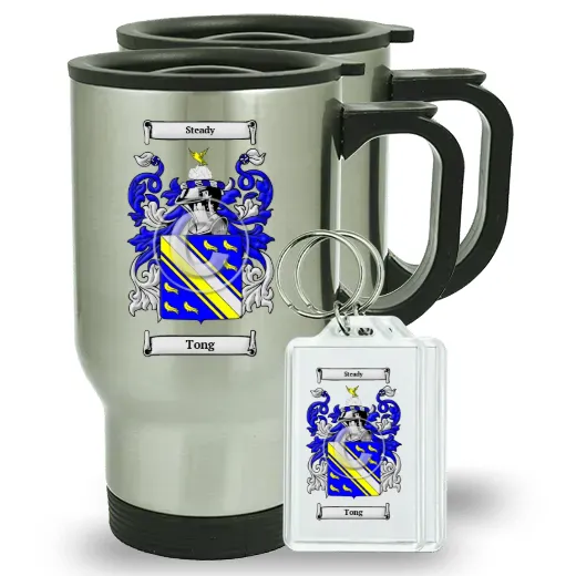 Tong Pair of Travel Mugs and pair of Keychains