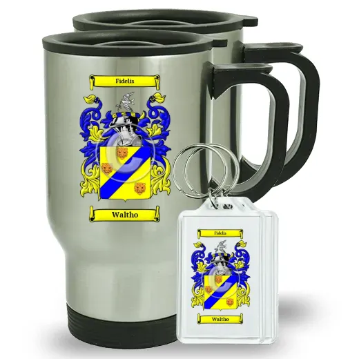 Waltho Pair of Travel Mugs and pair of Keychains